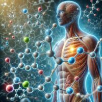 Ilustrasi struktur asam amino dengan latar belakang tubuh manusia yang menunjukkan manfaatnya bagi kesehatan dan fungsi tubuh.